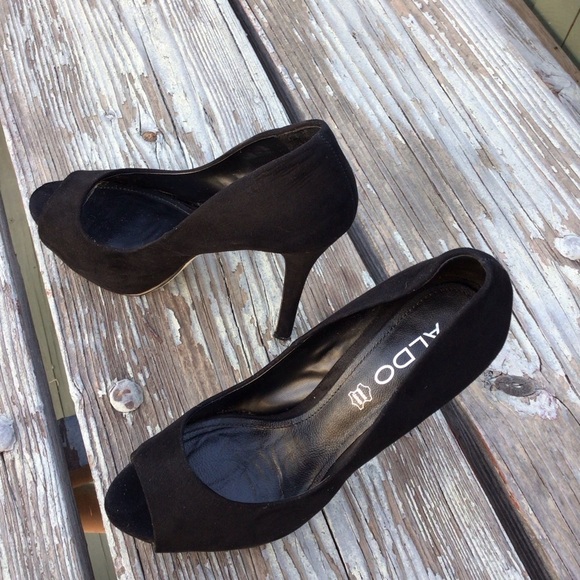Aldo Black Suede Peep Toe Platf  Stiletto Heels - Picture 4 of 10